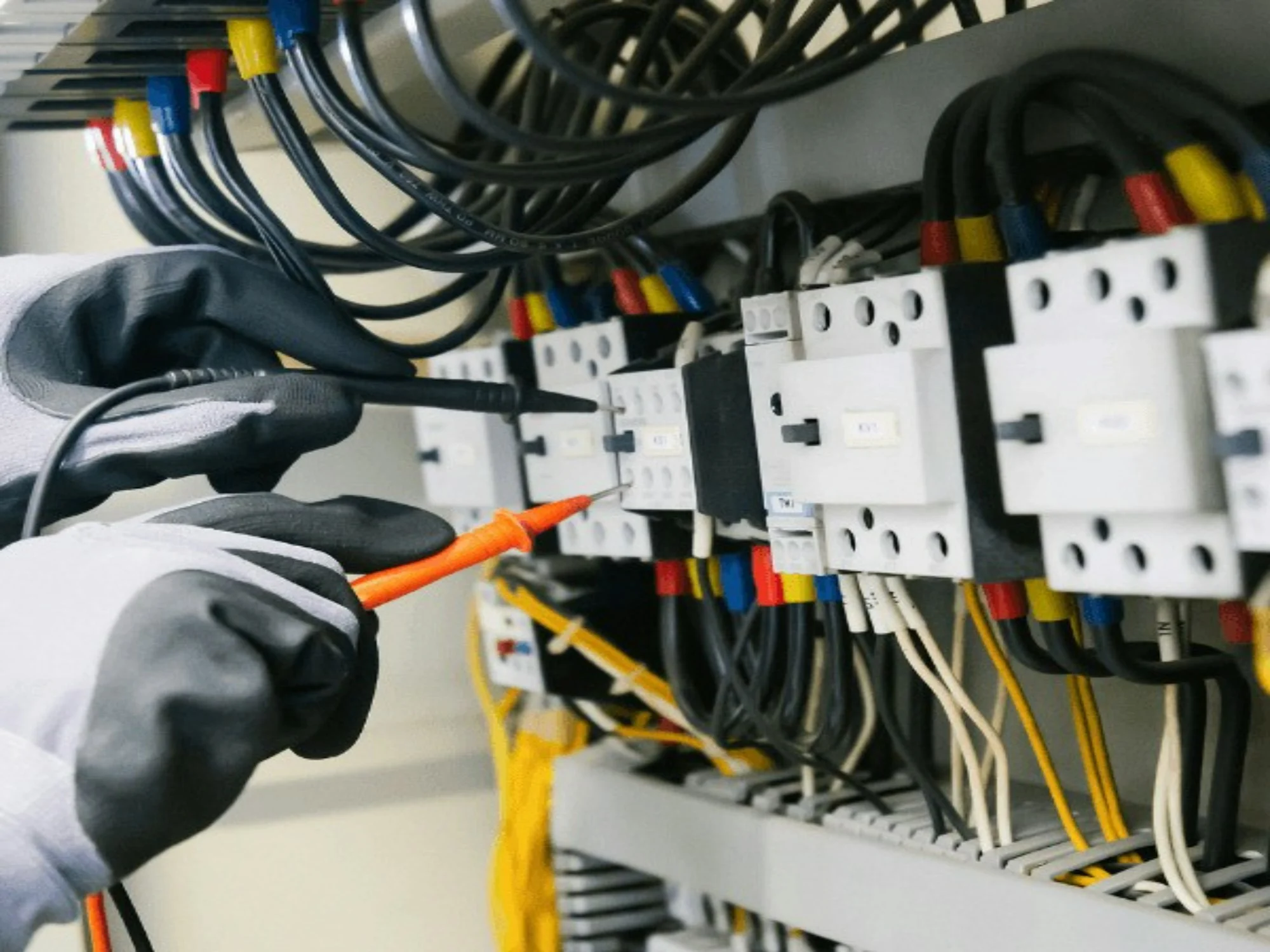Electrician testing a switchboard with a multimeter, electrician insurance Melbourne
